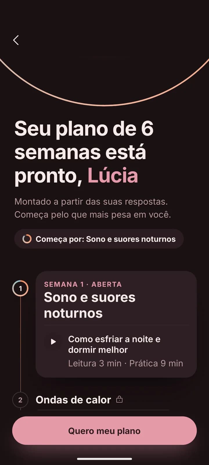 Tela do plano de 6 semanas no app MenoPro